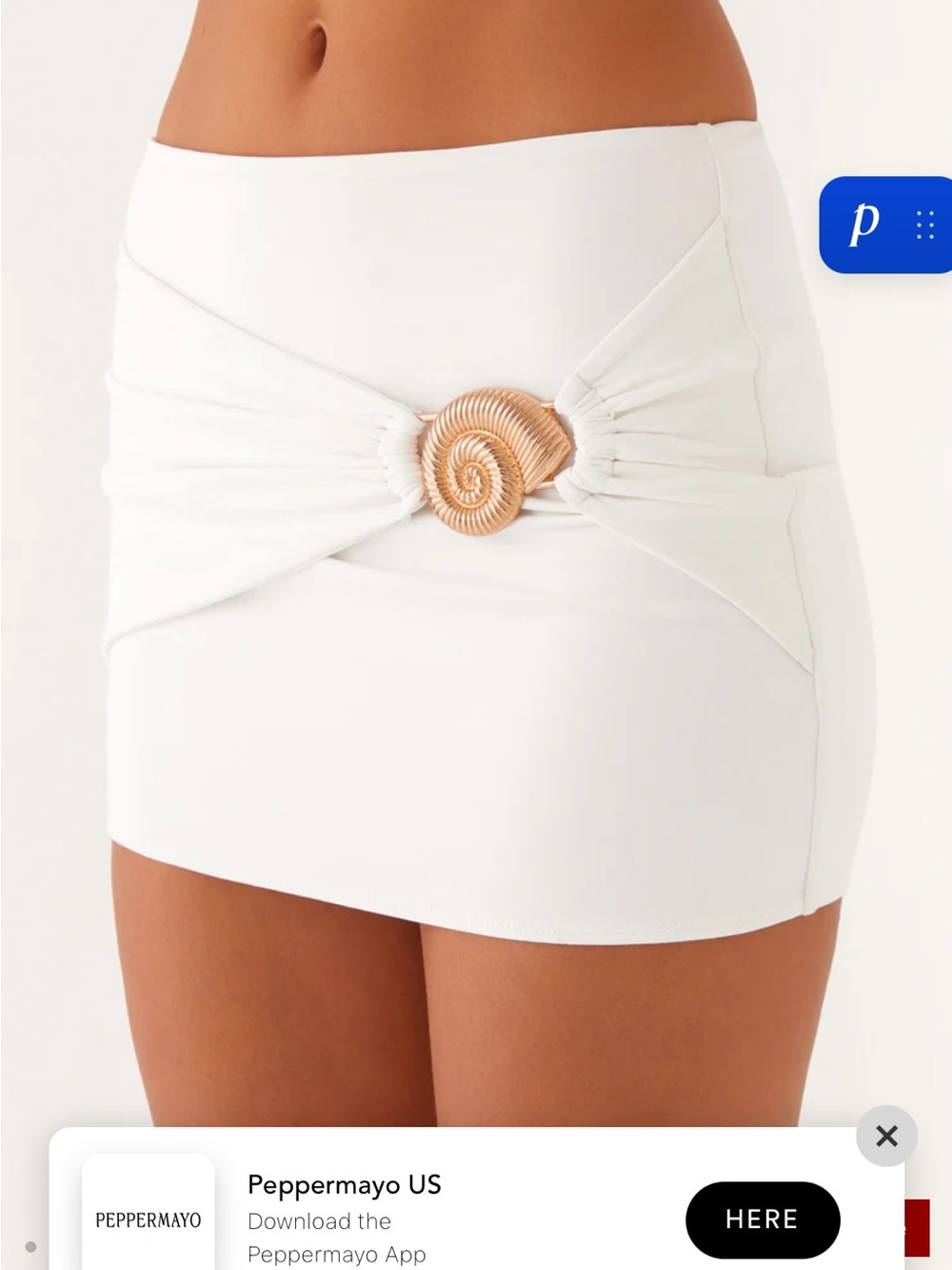 Peppermayo White Mini Skirt with Gold Shell Accent